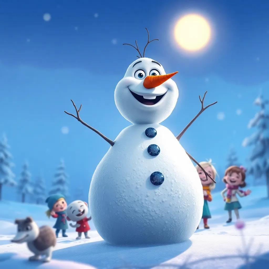 The finished snowman, Frosty, tall and round, with a carrot nose and shiny button eyes, smiling in the sun, surrounded by happy children, magical and enchanting