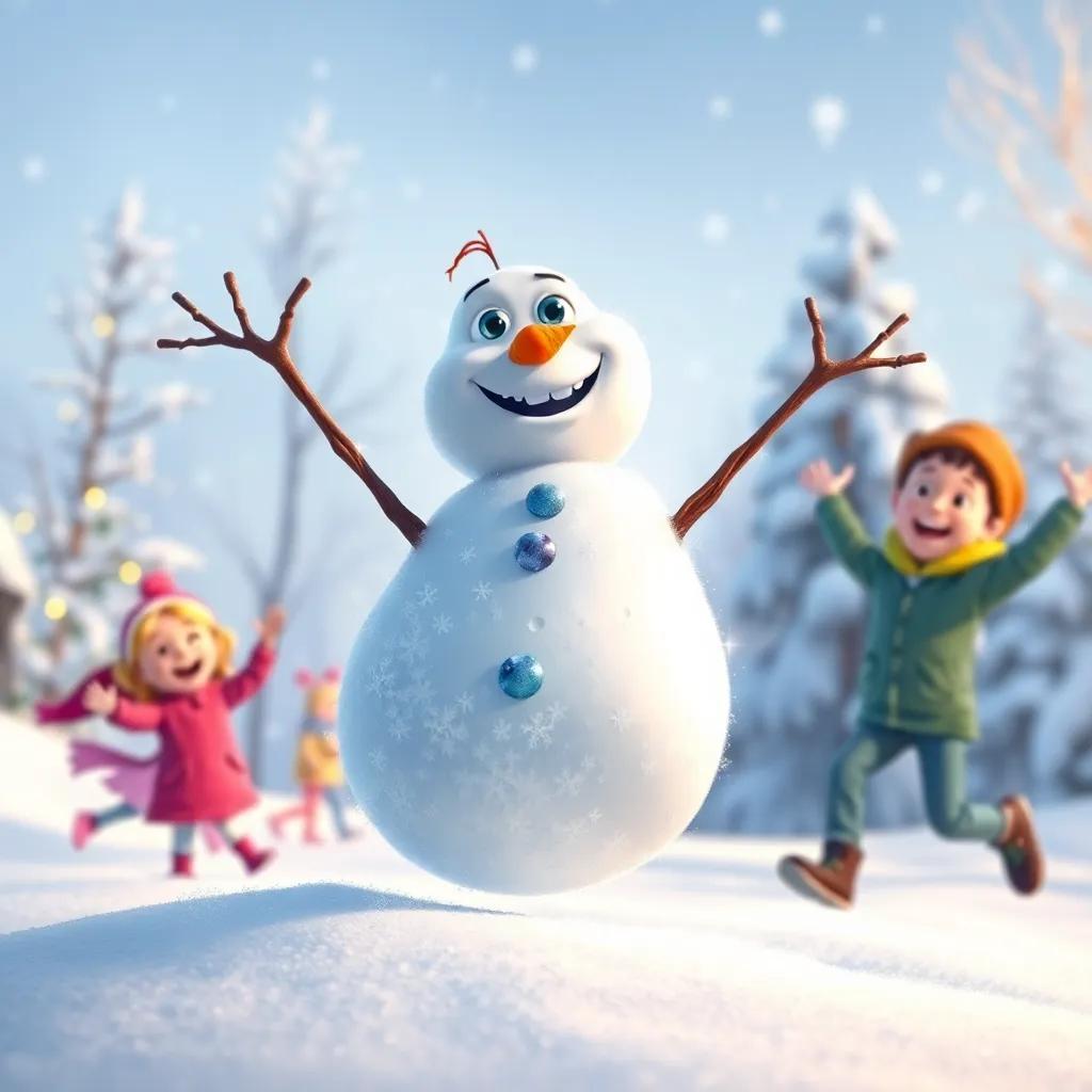 Frosty the snowman wiggling and shining, with stick arms waving, children jumping around in surprise and joy, winter wonderland background, vibrant