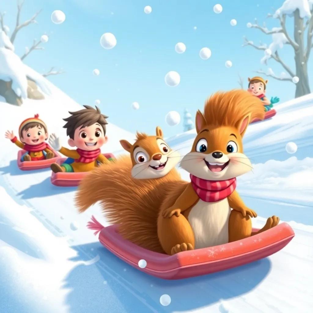 A group of kids and a friendly squirrel with a red scarf sliding down icy hills, throwing snowballs at each other, bright and adventurous scene, playful