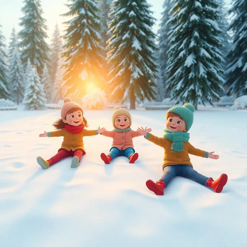 Children making snow angels in a white snowy garden, happy and carefree, with tall pine trees in the background and frosty air, magical and peaceful atmosphere