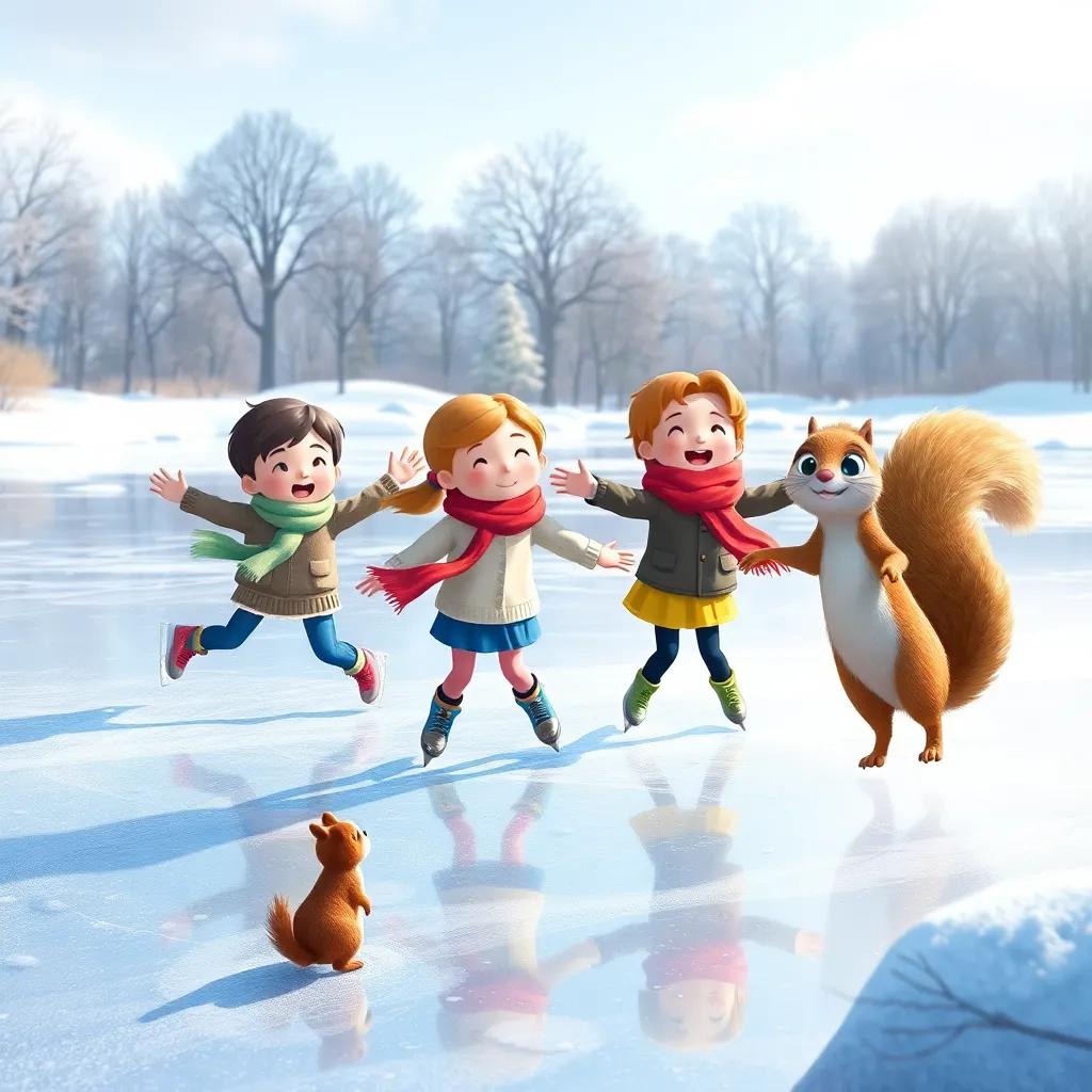 A frozen pond with children skating, twirling and laughing, wearing colorful scarves, joyful squirrel cheering on the side, bright winter day