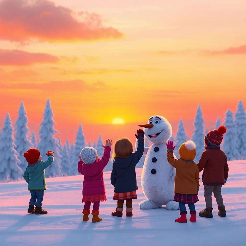 The sky turning orange and pink at sunset, children waving goodbye to Frosty, snowy landscape with the silhouettes of frosty trees, heartwarming