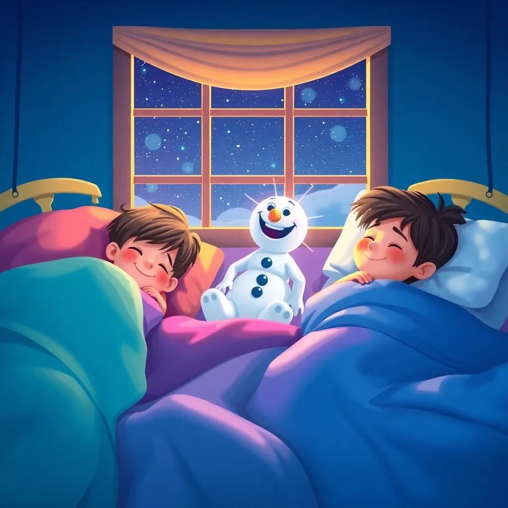 Kids snuggled in brightly colored beds, dreaming happily of Frosty, with soft blankets and starry night sky outside the window, cozy and comforting