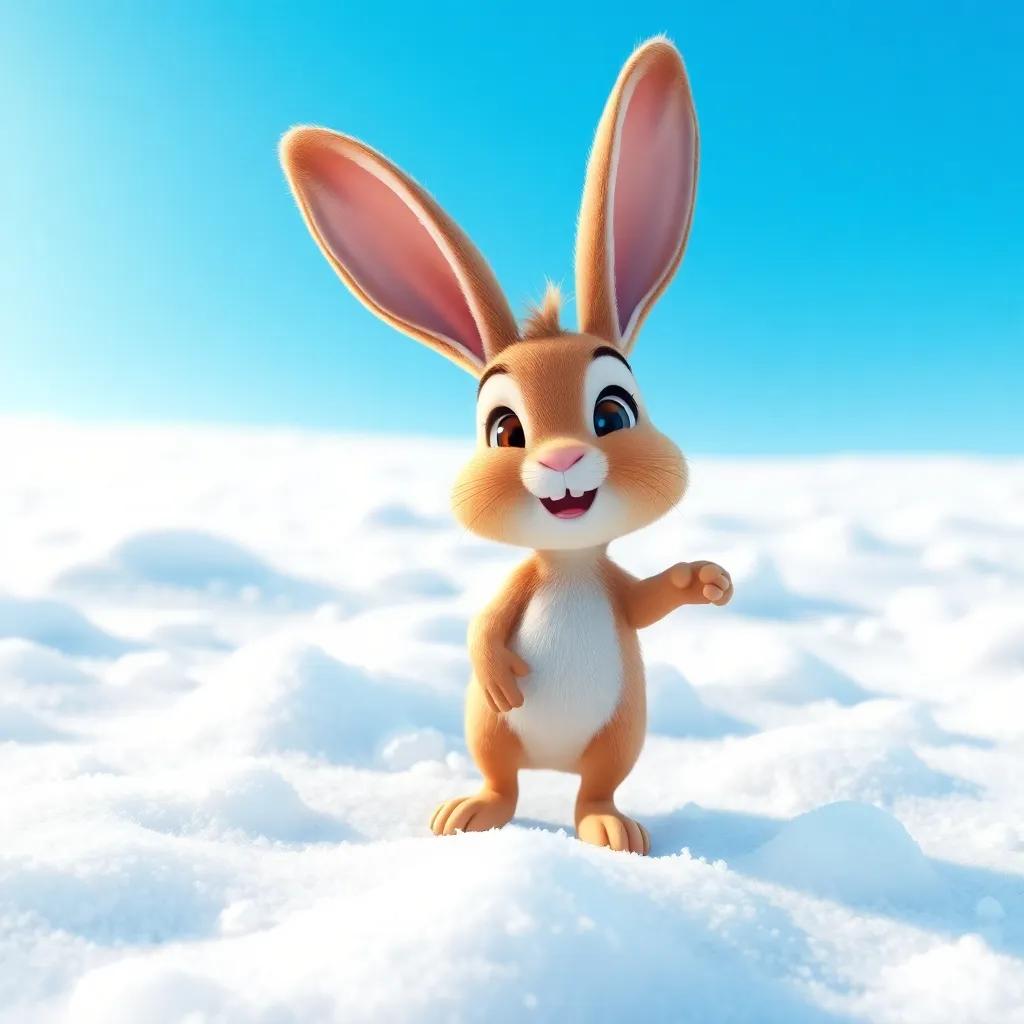 A snowy landscape with fluffy white snow covering the ground, Benny the bunny, a small brown bunny with big ears, cheerful expression, standing excitedly, bright blue sky, digital art, colorful, happy and inviting atmosphere
