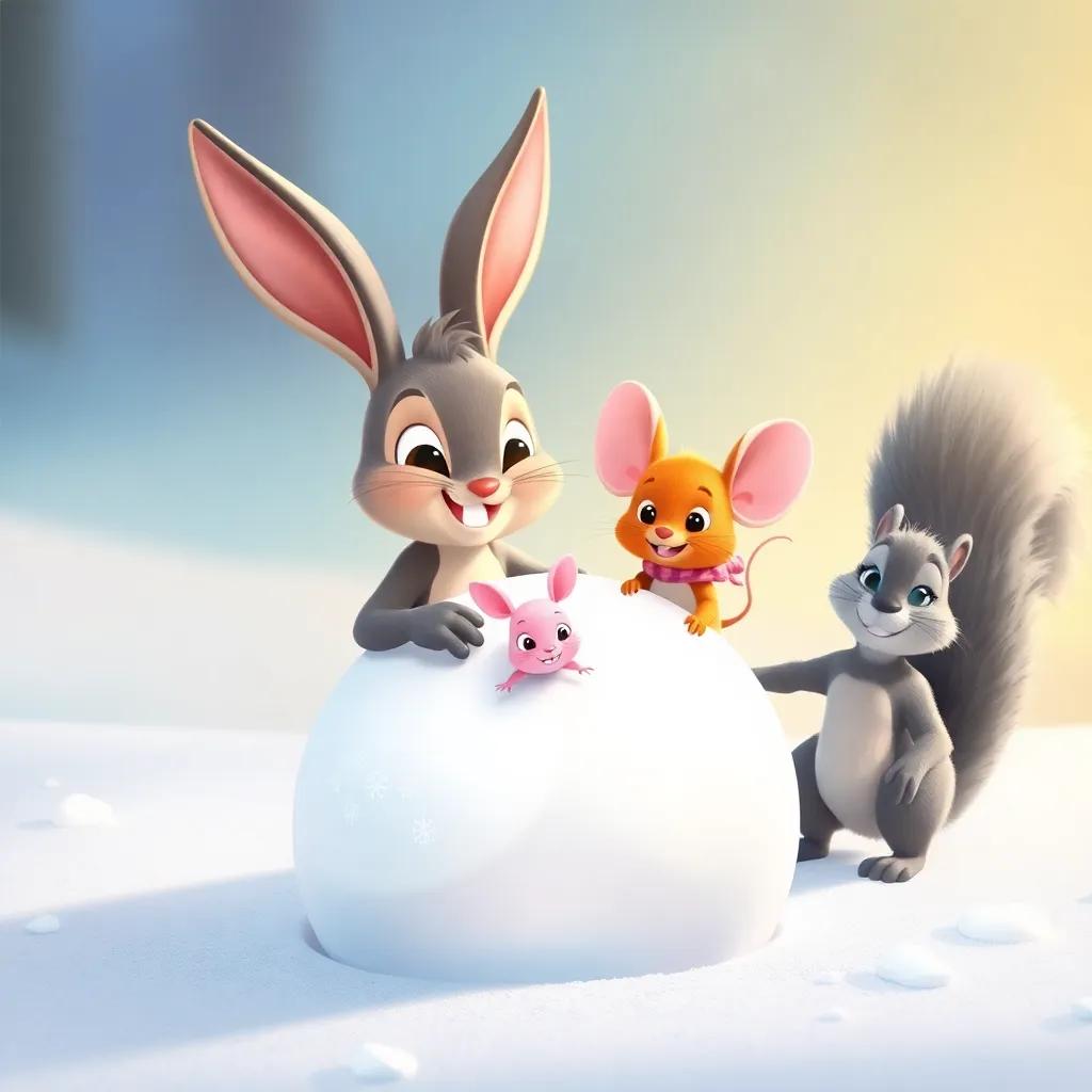 Benny the bunny, Molly the mouse, and Sammy the squirrel, happily rolling snowballs together, small brown bunny with big ears, tiny pink mouse with a pink scarf, energetic gray squirrel with a bushy tail, vibrant colors, playful mood