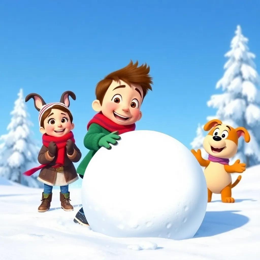 Benny rolling a large snowball while Molly and Sammy cheer next to him, capturing the action, bright blue sky, snow-covered trees in the background, digital painting, cheerful expression, winter wonderland