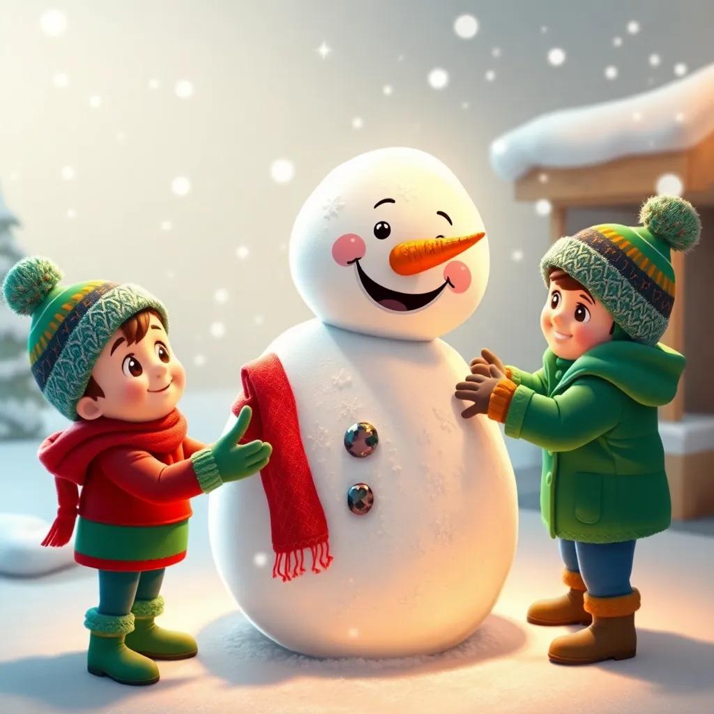 Benny and his friends decorating the snowman with shiny stones, a carrot nose, and a red scarf, snowflakes starting to fall, warm colors, joyful mood, inviting atmosphere