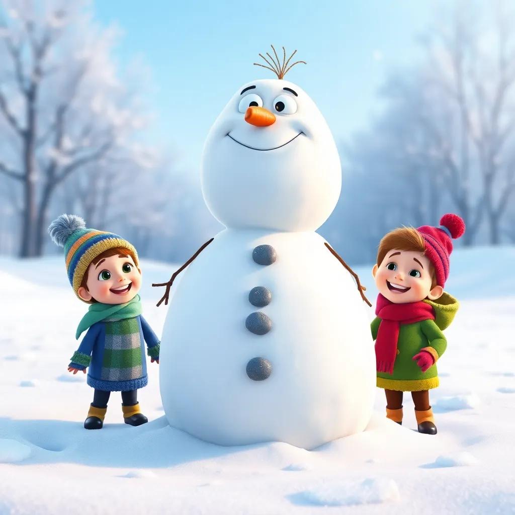 The completed snowman, tall with stones for eyes and a carrot nose, in the center of the snow with Benny, Molly, and Sammy smiling widely around it, bright colors, winter happiness, joyful scene