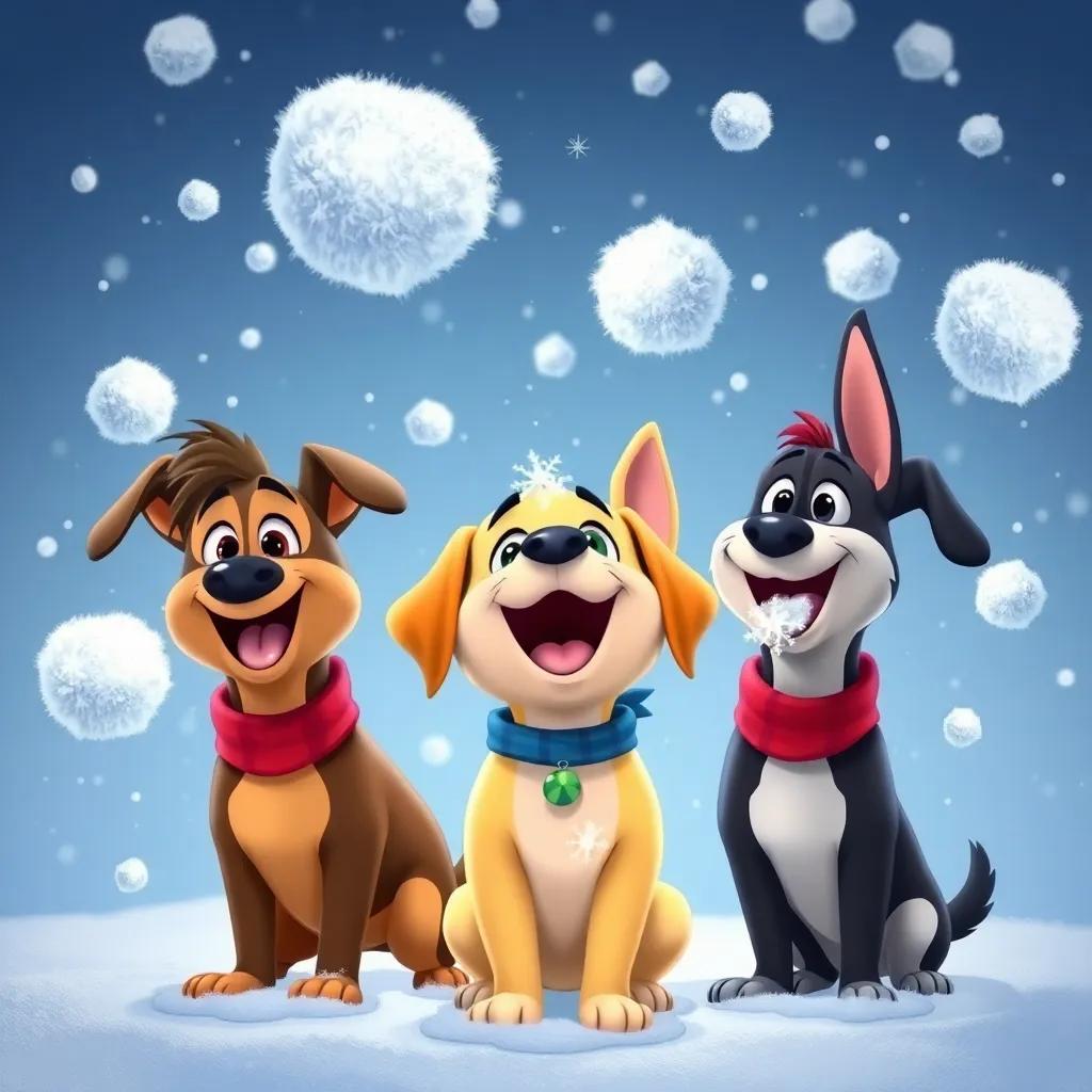 Benny, Molly, and Sammy catching snowflakes on their tongues, big fluffy snowflakes falling around them, cheerful expressions, soft twilight colors, digital art, fun and lively