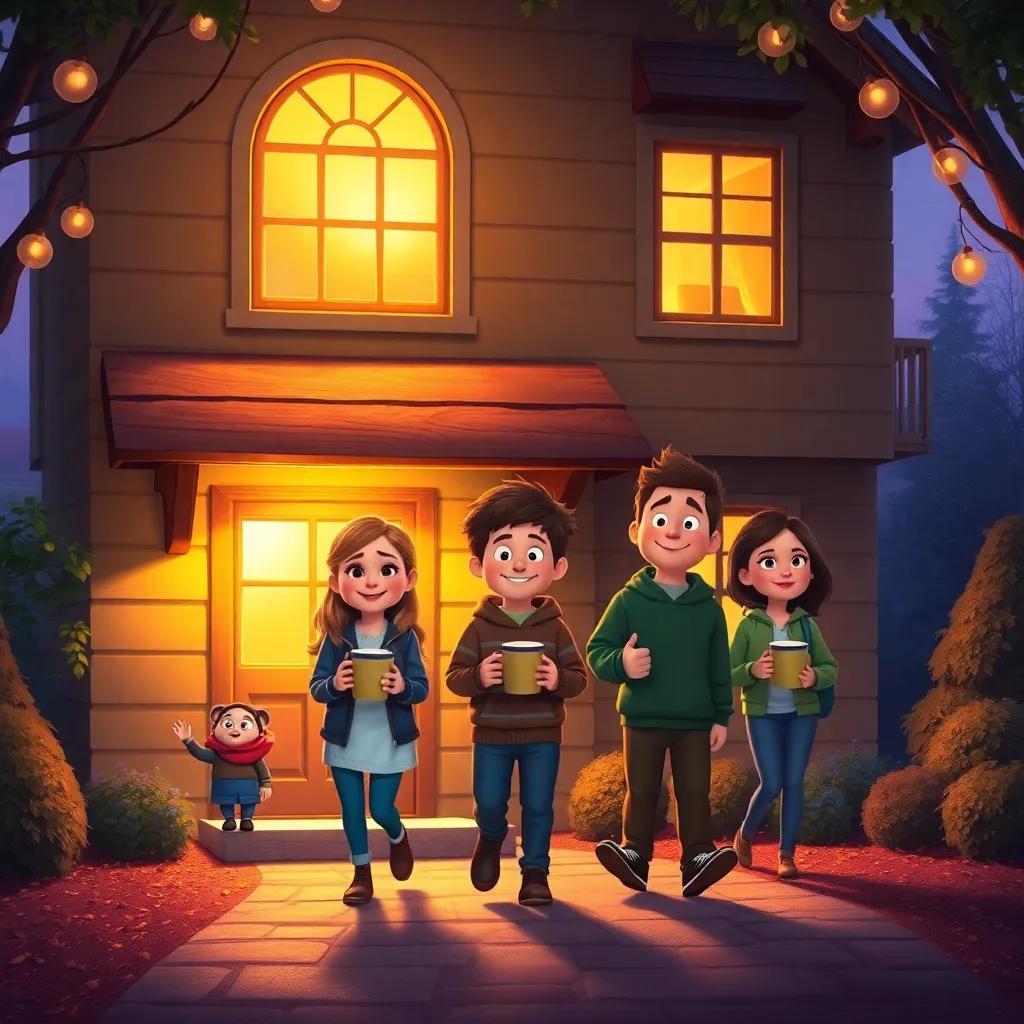 Benny's cozy home with a warm light shining from the windows, the friends walking back with cocoa mugs, twilight colors, friendly atmosphere, heartwarming scene