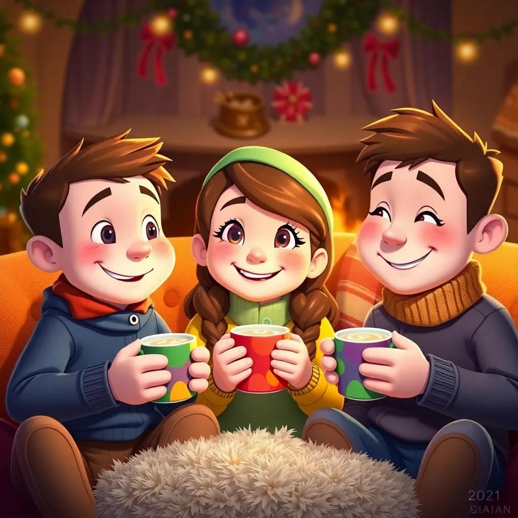 Benny, Molly, and Sammy with cocoa in hand, gathered together in a cozy setting, telling stories with warm smiles, colorful hot cocoa mugs, cheerful expressions