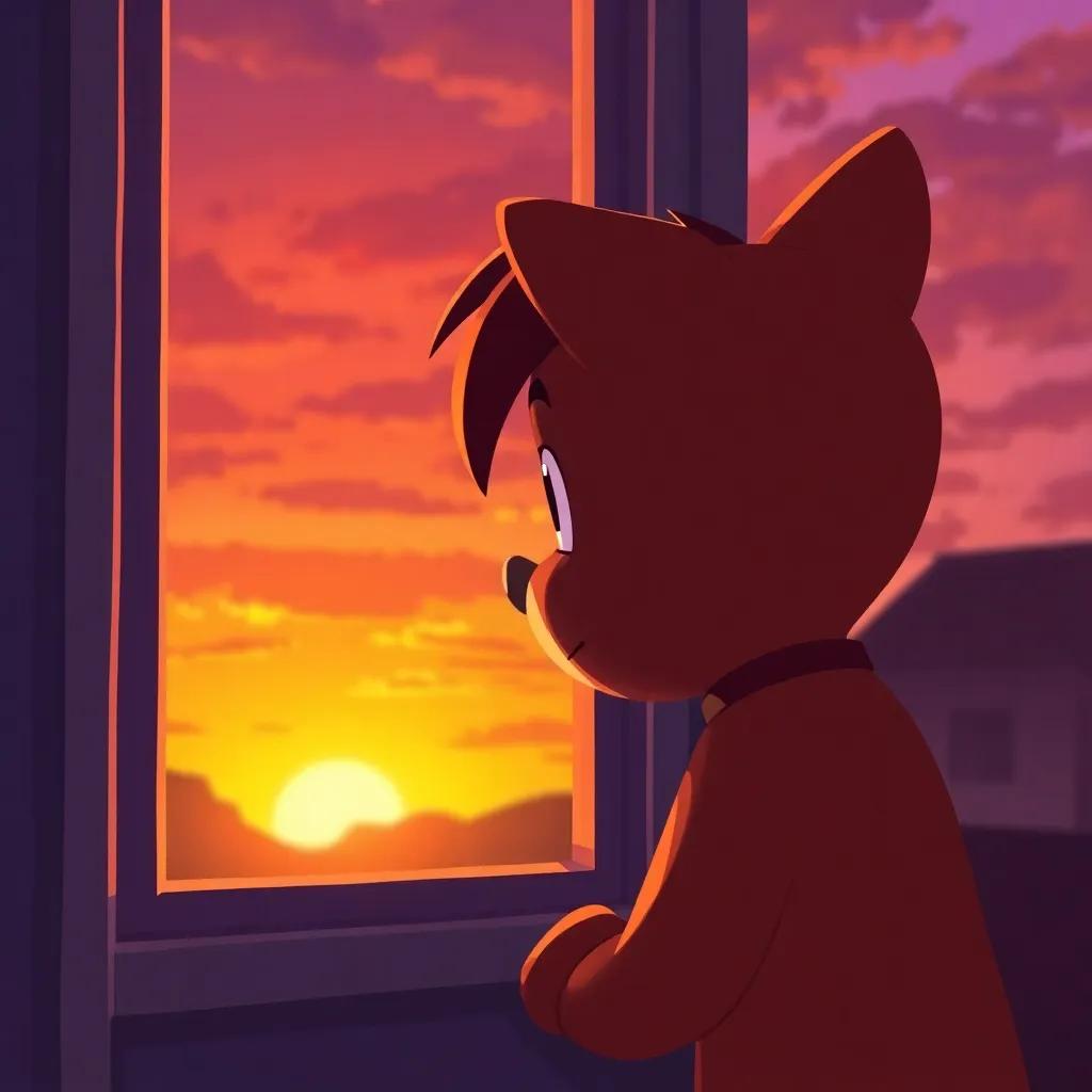 Benny looking out of a window at the sunset, the sky painted in shades of orange and purple, reflecting on the fun day, digital painting, peaceful and nostalgic mood