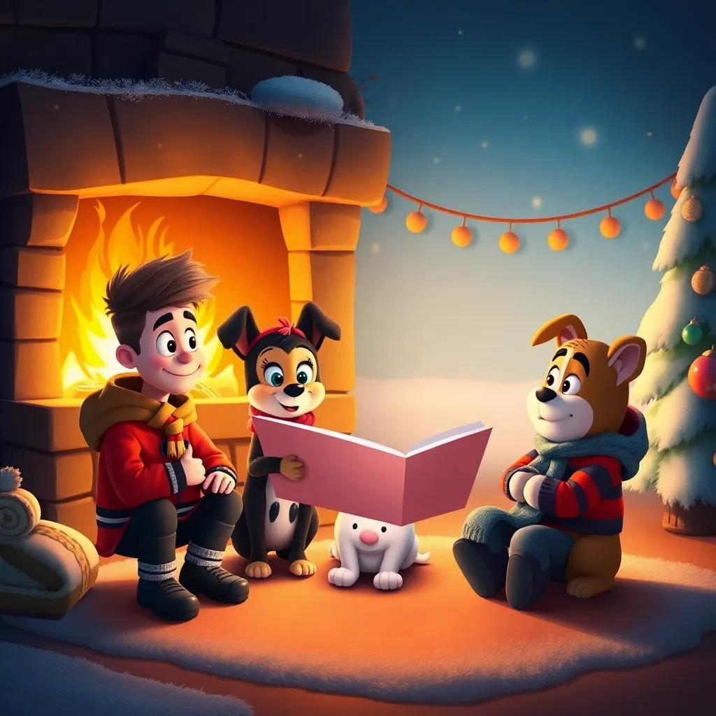 Benny, Molly, and Sammy making plans for future snowy adventures in front of a glowing fireplace, warmth and friendship radiating from them, inviting and cozy scene