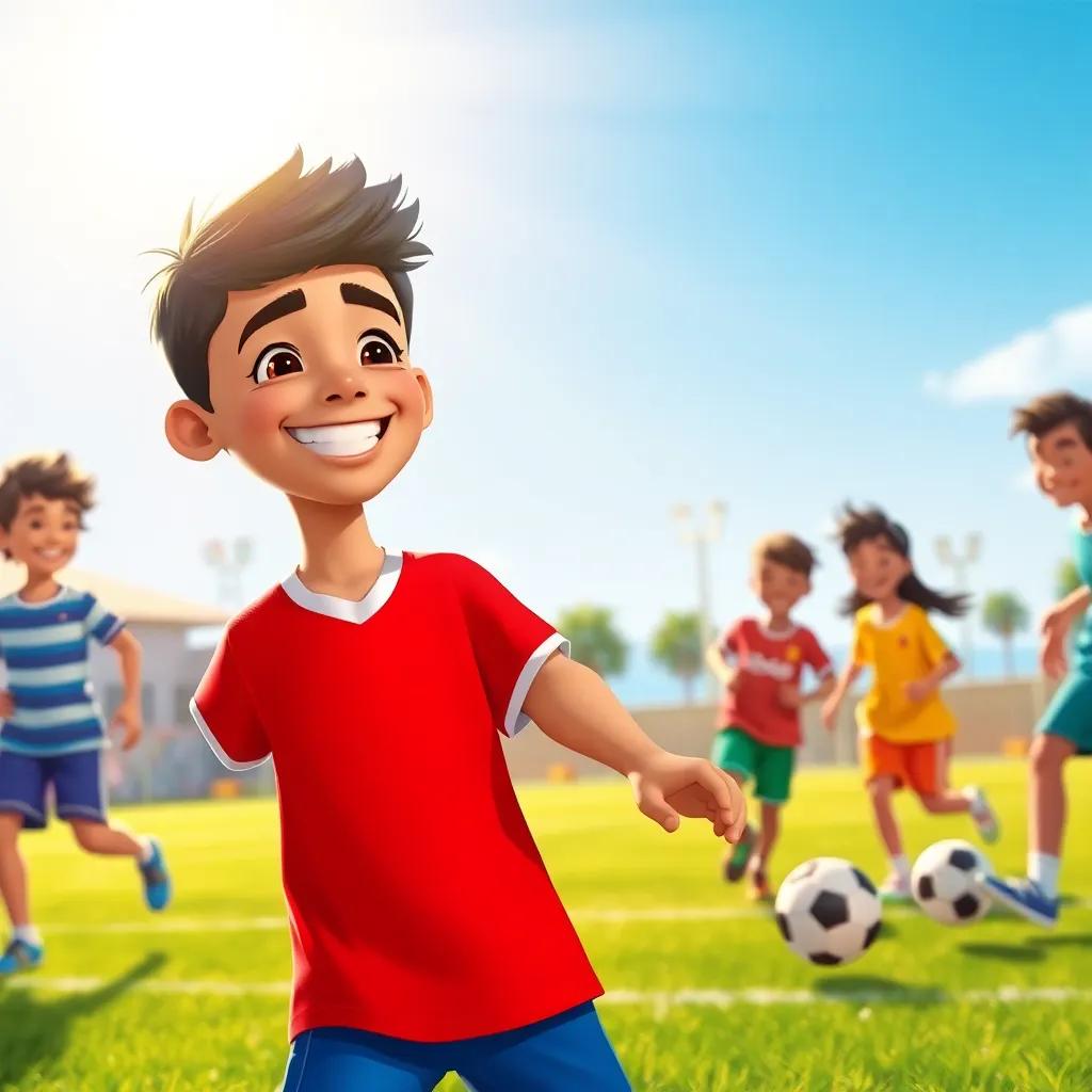 Samir, a cheerful Arab boy, with short black hair and wearing a bright red jersey and blue shorts, joining friends playing soccer, warm sunlight, playful, engaging, high quality
