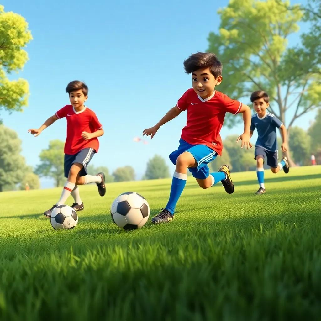 Samir dribbling a soccer ball past his friends in a park, wearing a bright red jersey and blue shorts, green grass all around, blue sky in the background, dynamic, lively, high quality