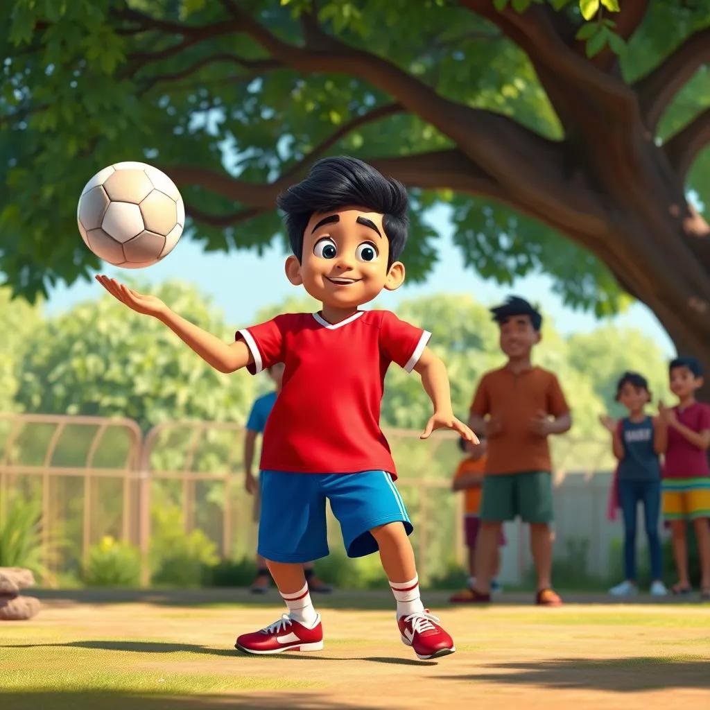 Samir showing off juggling skills with a soccer ball, wearing a bright red jersey and blue shorts, friends cheering him on under a shady tree, colorful environment, playful, high quality