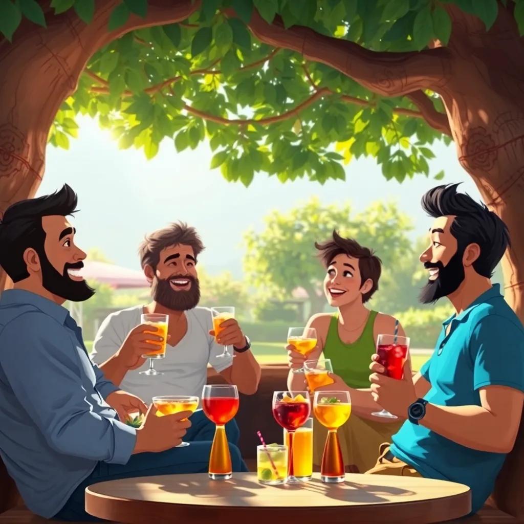 Samir and friends resting under a shady tree, with drinks and laughter, colorful drinks in hand, lively conversation, bright sunlight shining through the leaves, warm, friendly atmosphere, high quality