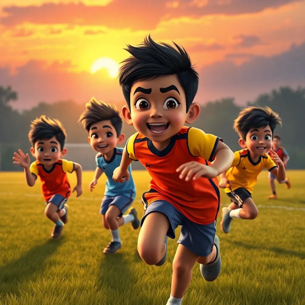 Samir and friends playing in a mini-tournament, wearing bright jerseys, actively running on the field with intense expressions, sunset in the background, children enjoying the game, dynamic, high quality