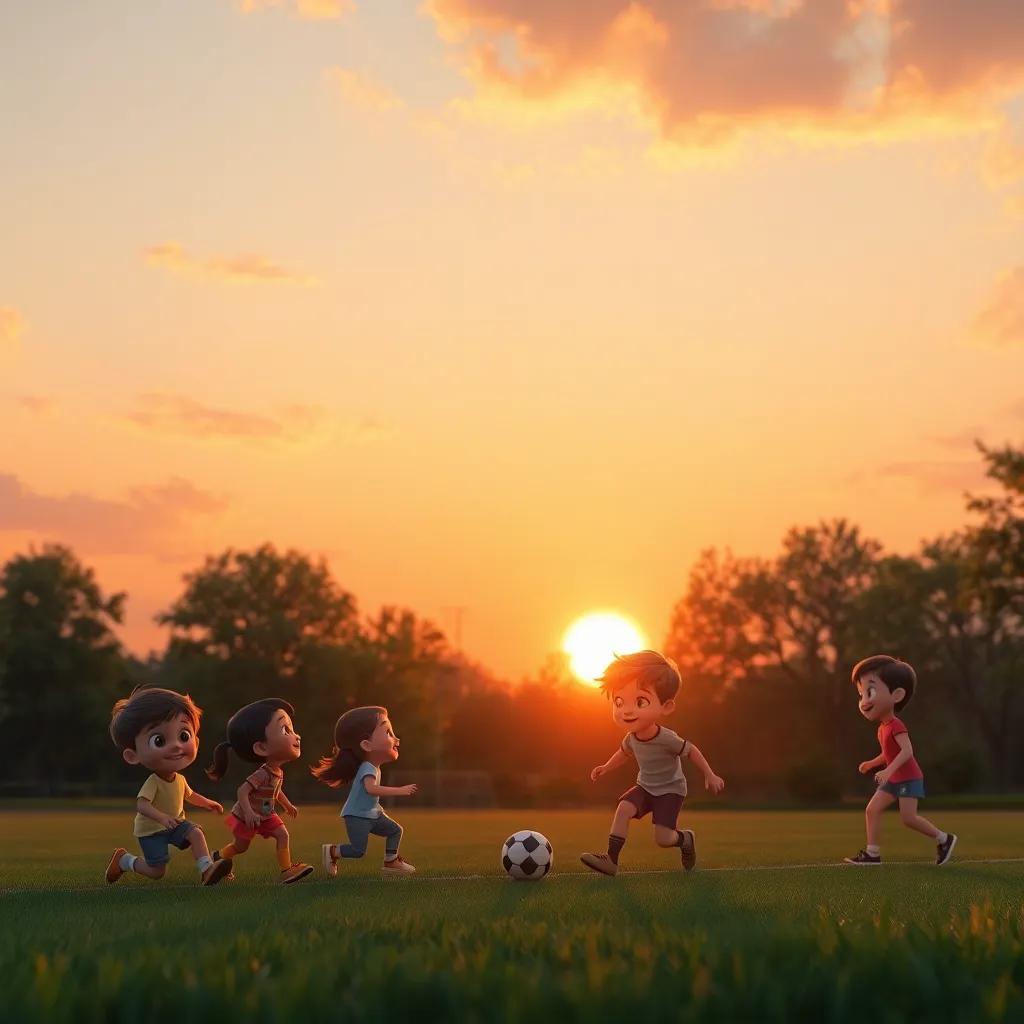 The sun setting in the park where Samir played soccer, with orange and pink hues in the sky, children with smiles and laughter, fading daylight, peaceful and warm, high quality