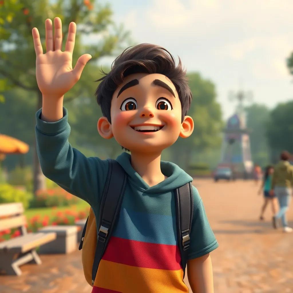 Samir waving goodbye to his friends after the game, looking happy and tired, with colorful park in the background, cheerful expression, content atmosphere, high quality
