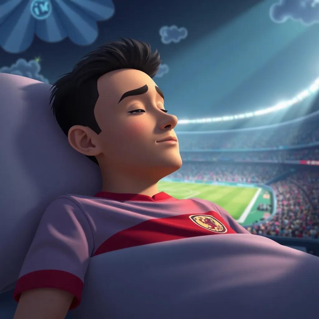 A dreamy scene of Samir asleep, visualizing himself in a big stadium wearing a national jersey, glorious spotlight, dreamy atmosphere, peaceful, high quality