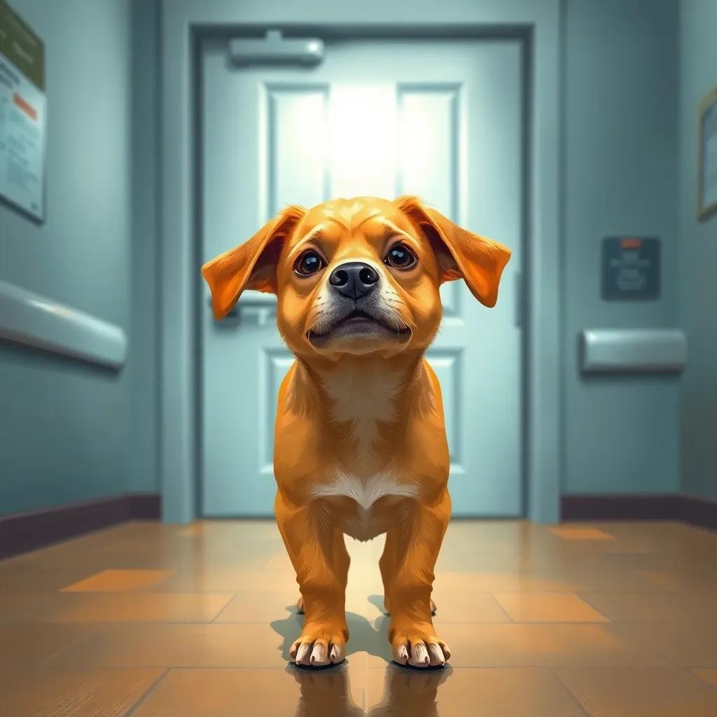 A young orange dog, DogDay, nervously pacing in front of a closed hospital door, with a worried expression, bright hospital lights, detailed digital art, warm colors, anxious atmosphere, high quality