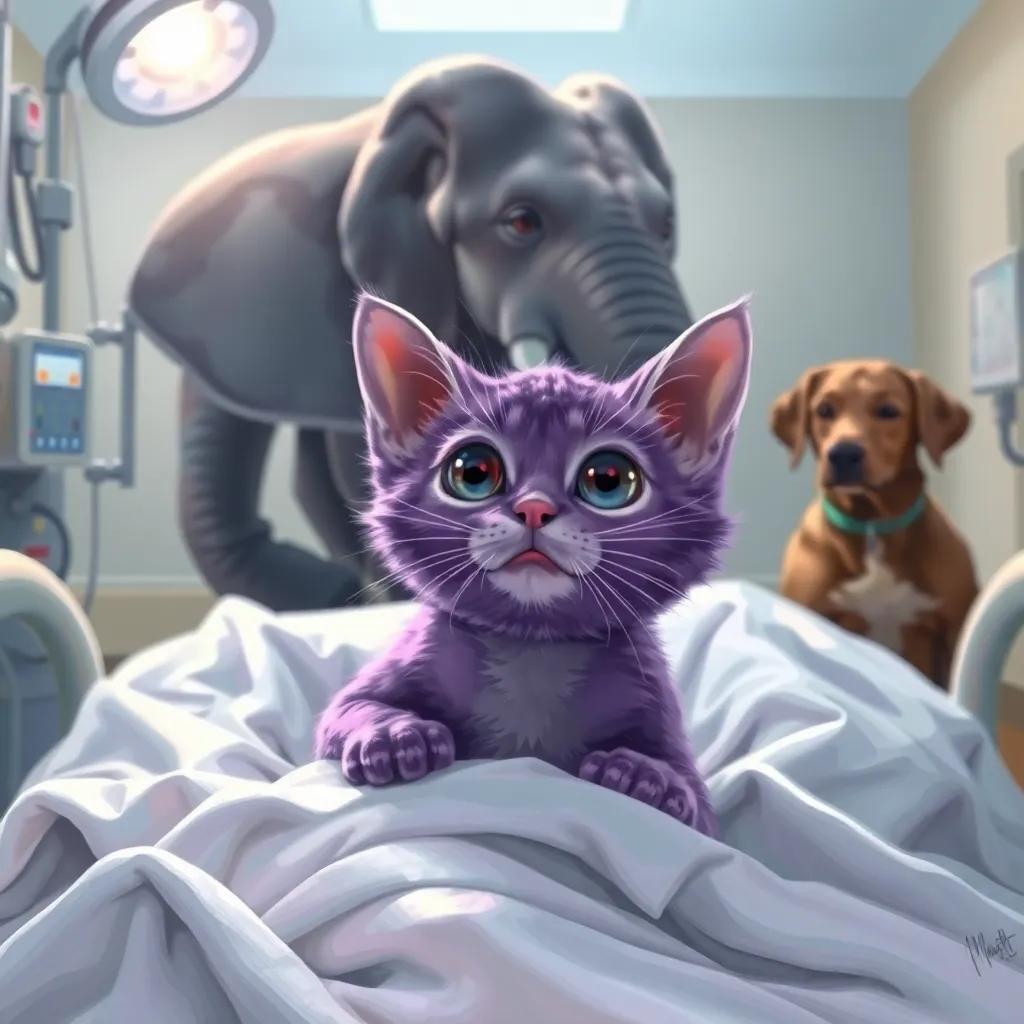 A young purple cat, Catnap, waking up in a hospital bed surrounded by machinery, with her eyes wide in surprise, and an elephant and dog conversing in the background, bright hospital room lighting, soft colors, hopeful atmosphere, high quality