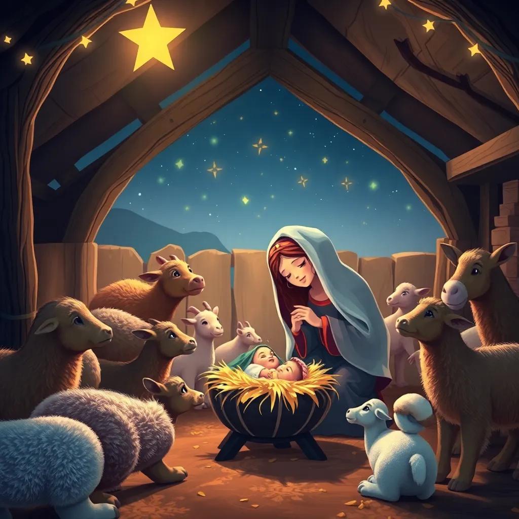 A cozy stable in Bethlehem, filled with gentle animals, with Mary and Joseph looking lovingly at baby Jesus in a manger, bright stars twinkling outside, digital art, warm colors, heartwarming scene, high quality
