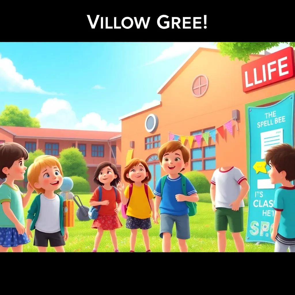 A sunny school morning in Willow Creek, children excited and chatting, a school building in the background, colorful decorations for the Spelling Bee, bright and cheerful atmosphere, digital art, vibrant colors, high quality