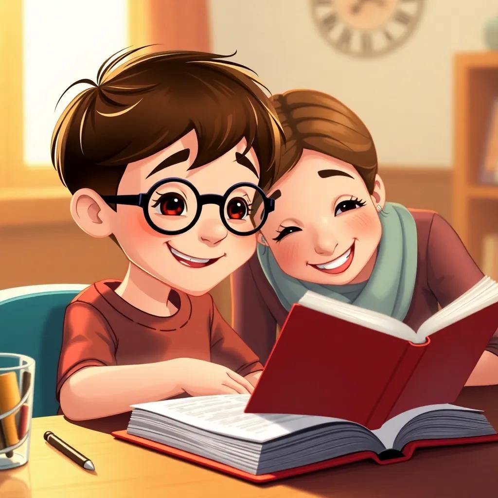 Alex, a young boy with glasses and short brown hair, sitting at a table with his mom, reading a dictionary together, smiles and funny expressions, warm light, heartfelt scene, illustration, child-friendly