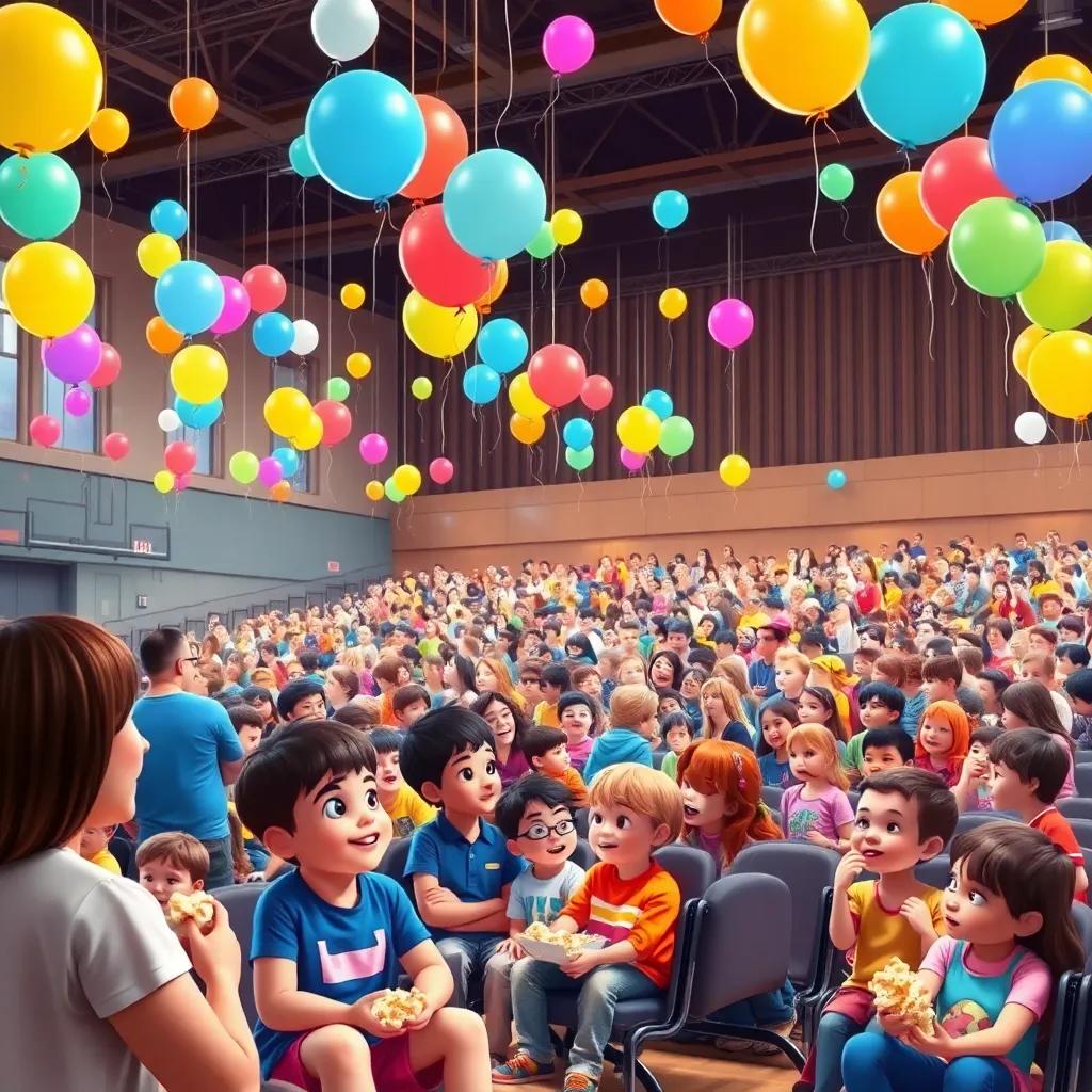 A crowded gymnasium filled with children, balloons hanging in the air, parents watching with popcorn in hand, kids sitting in rows on chairs, lively and festive atmosphere, digital painting, bright colors, high quality