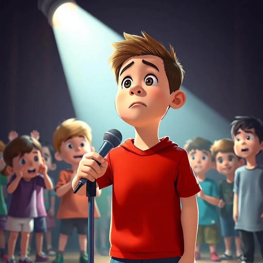 Alex standing at the microphone, spotlight on him, feeling nervous and excited, other kids in the background, some cheering, others tense, focus on his determined face, realistic illustration, engaging perspective, child-friendly