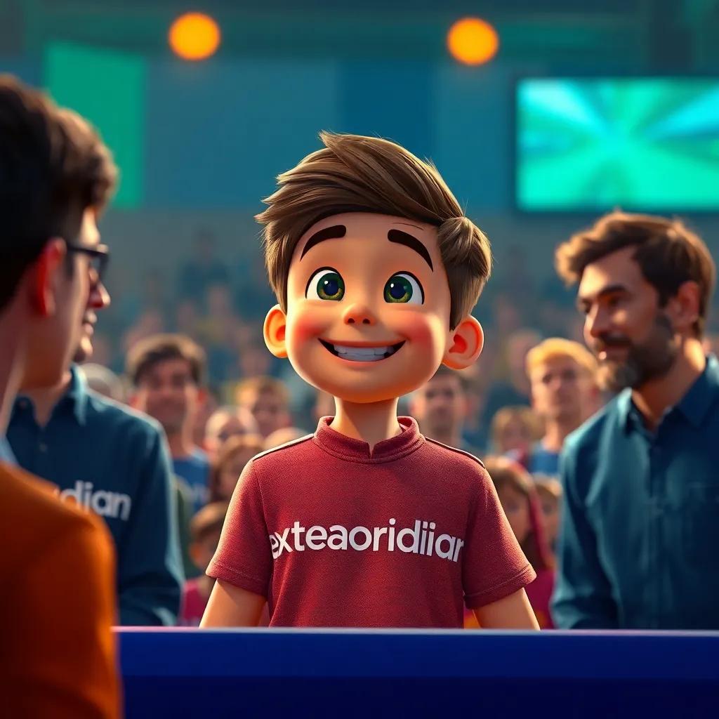 Alex confidently spelling 'extraordinary' before a silent crowd, the judges nodding approvingly, a big smile on his face, bright colors, engaging atmosphere, digital art, heartwarming moment