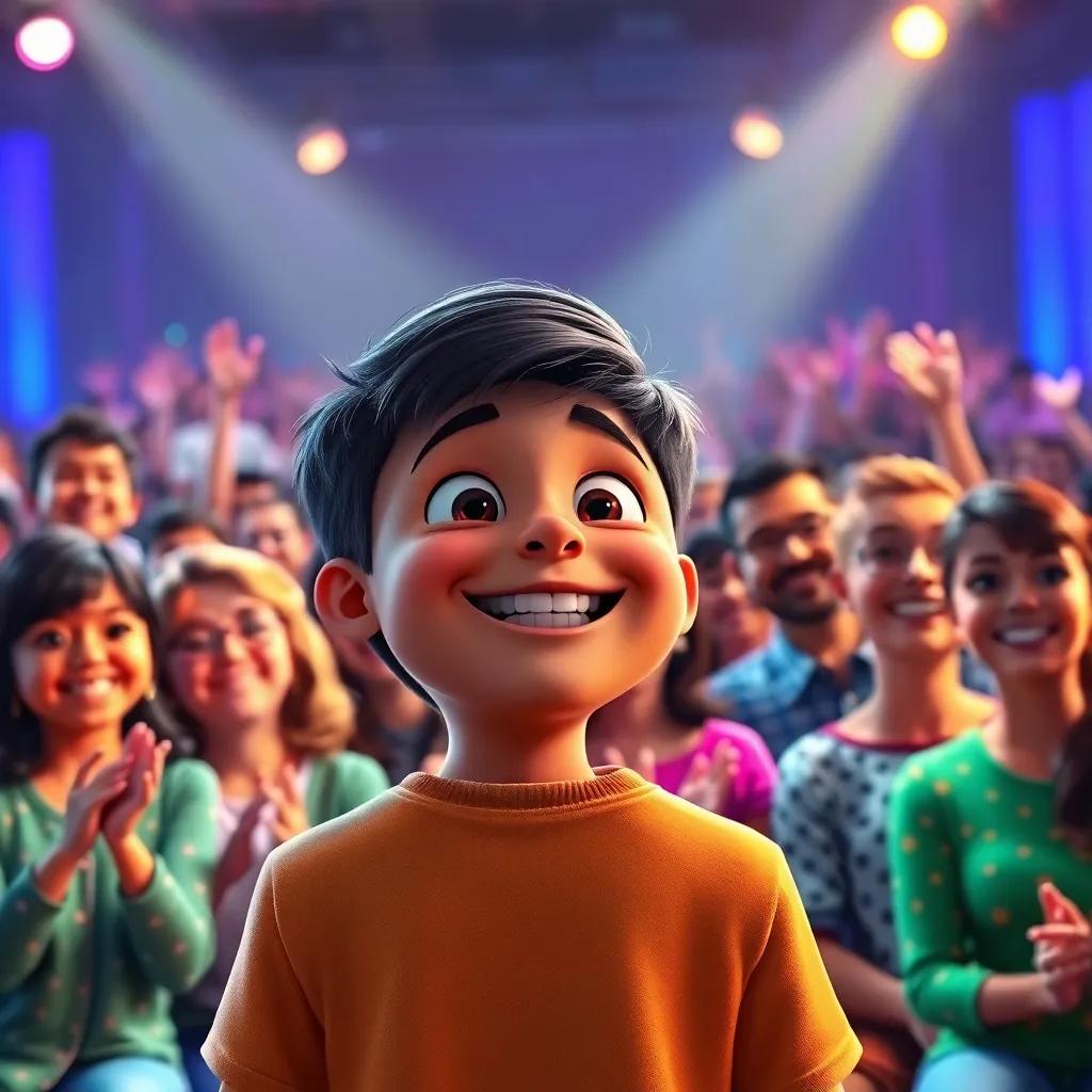Alex facing the crowd, joy on his face after spelling correctly, with applause and cheers, a colorful scene filled with happy parents and friends, bright lighting, celebration, vibrant digital art