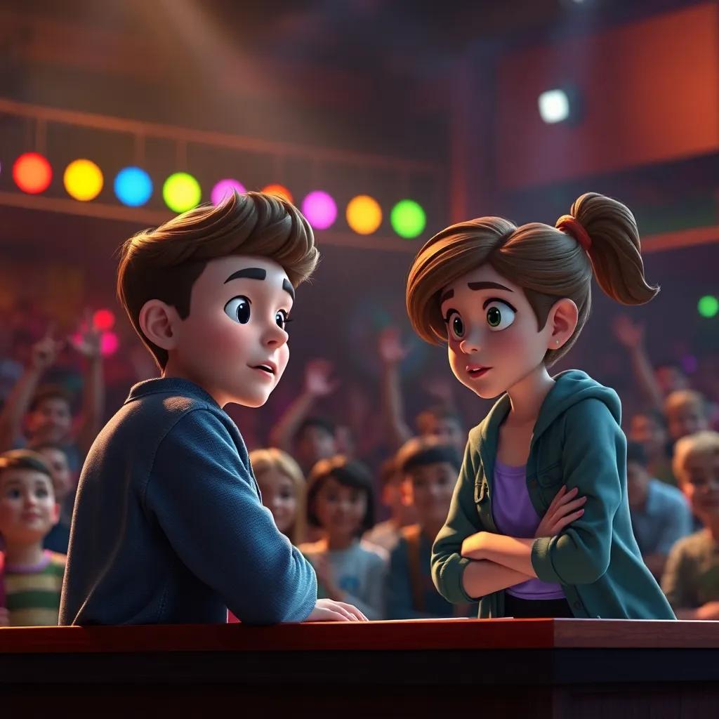 Alex spelling against Zoe, who looks determined, both on stage, a tense atmosphere with a cheering crowd, colorful lights behind them, digital painting, high quality, engaging scene