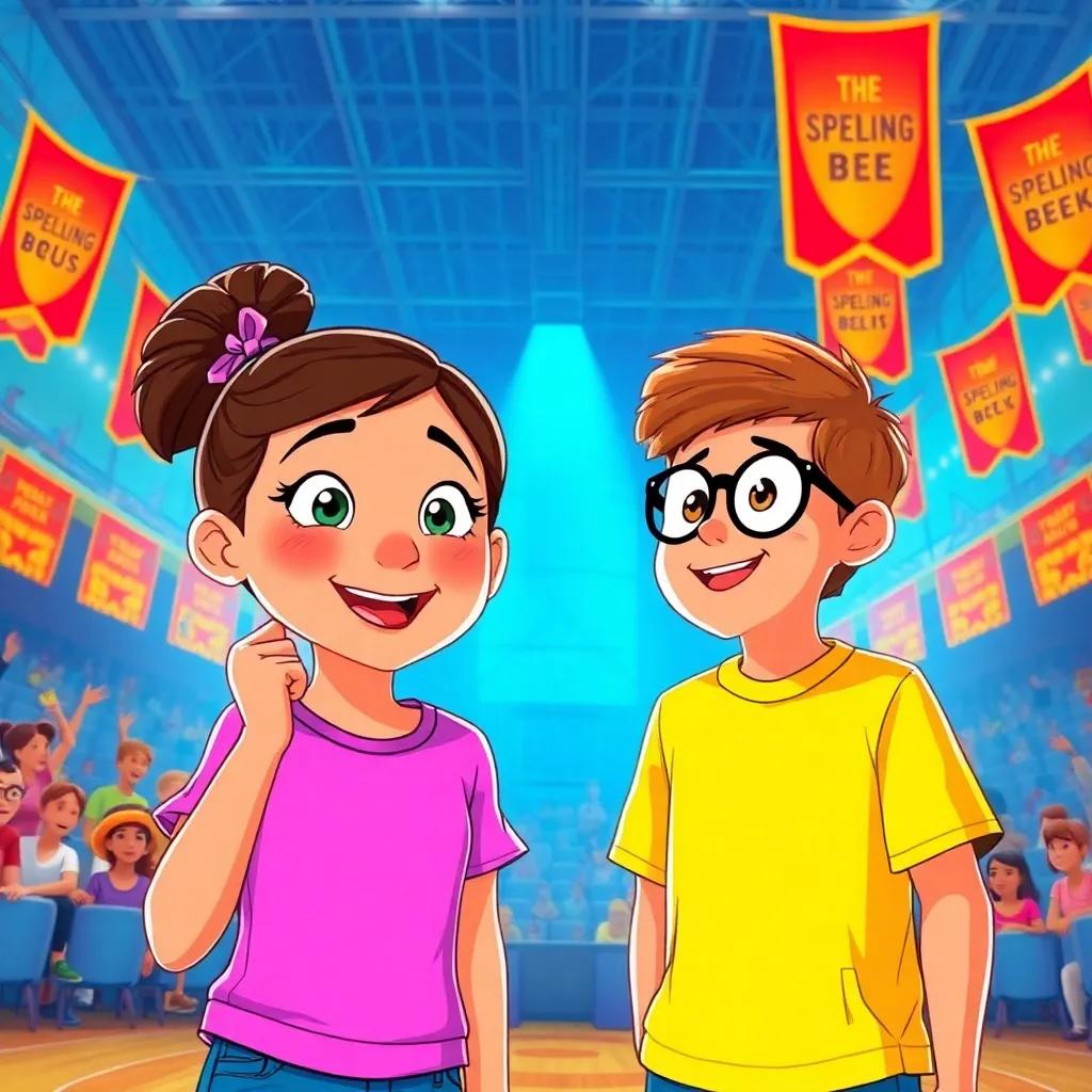 Zoe spelling 'courageous,' Alex watching with excitement, gym filled with energy, colorful banners for the Spelling Bee, dynamic scene, digital illustration, vivid colors, bright and engaging perspective