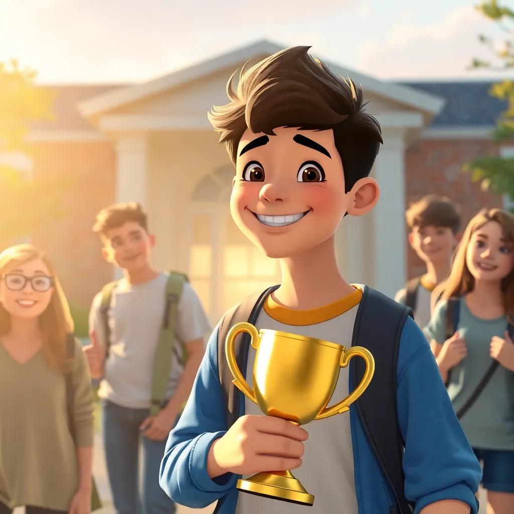 Alex leaving the school with a big smile, holding a trophy, surrounded by friends, fading sunlight in the background, sense of achievement and camaraderie, heartfelt, digital art, warm colors and joyful atmosphere