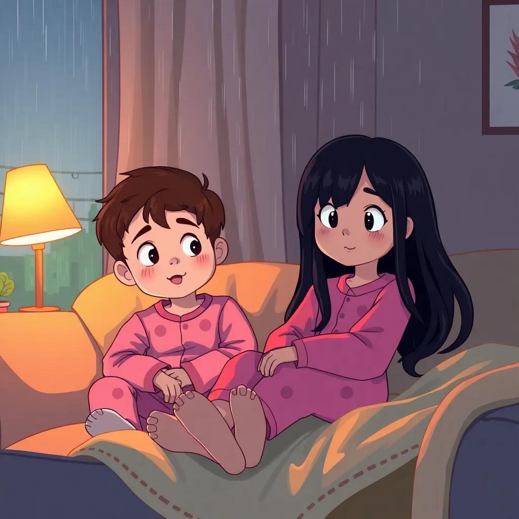 A cozy living room with two children, Leo, a young boy with short brown hair wearing pajamas, and Mia, a young girl with long black hair in a bright pink pajamas, sitting on a sofa under a warm blanket, illuminated by a flickering lamp, rain pouring down the window, illustration, inviting, warm colors, close-up, detailed