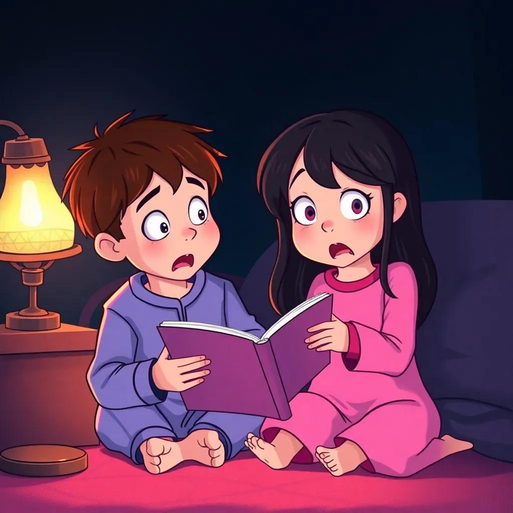 Leo, a young boy with short brown hair in pajamas, animatedly telling a spooky story to Mia, a young girl with long black hair in bright pink pajamas, eyes wide with fear, the room dark with just the flickering lamp light glowing, both children look scared yet excited, illustration, suspenseful atmosphere, child-friendly