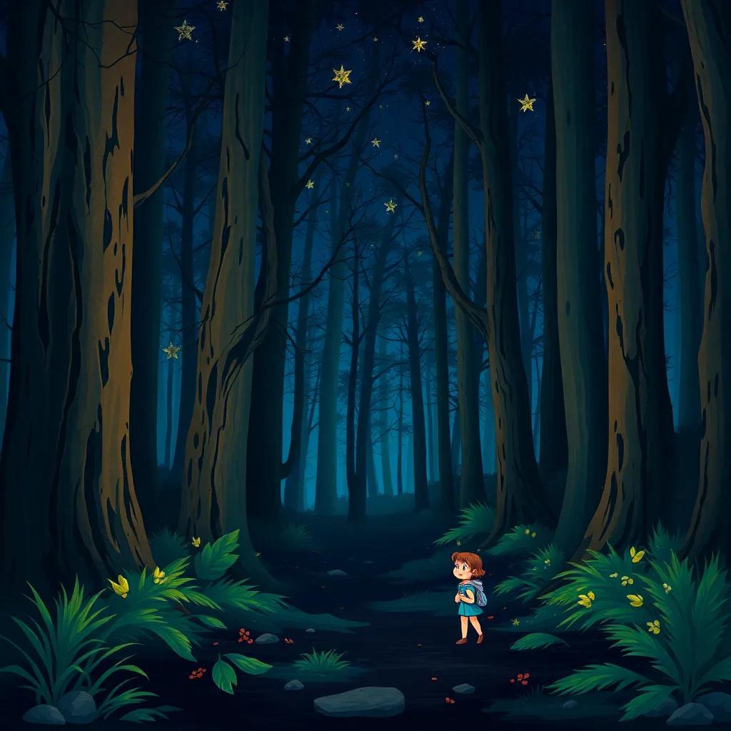 A dark forest at night, with tall trees and twinkling stars, Timmy and Lily looking around curiously, a spooky atmosphere but playful, digital art, vibrant colors, inviting scene, charming perspective, high quality