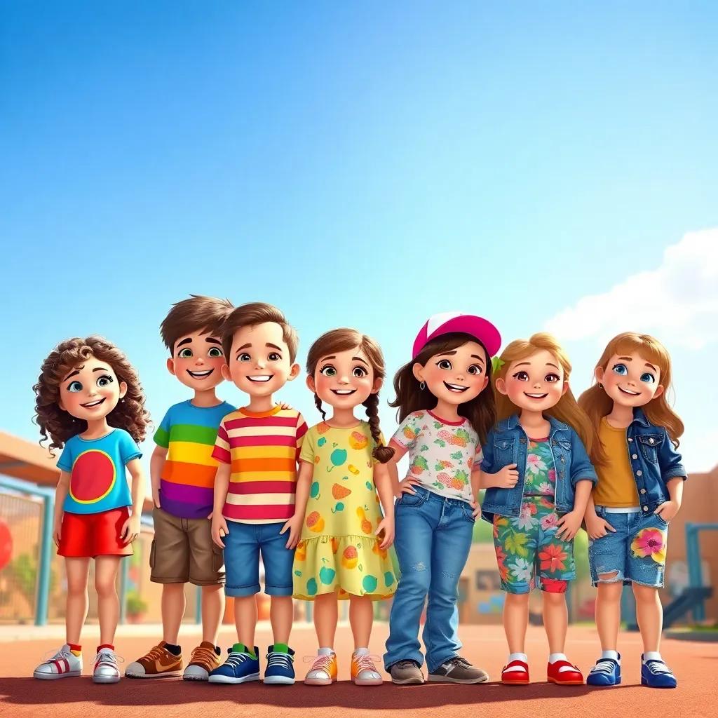 A group of happy children, Katya, a bright girl with curly hair wearing a colorful t-shirt, Phillip, a boy with short brown hair in a striped shirt, Lelya, a girl with braids wearing a cheerful dress, Mary Ann, a girl with long flowing hair wearing shorts, Zolly, a boy in a baseball cap and jeans, Veronica, a girl in a floral top with colorful shorts, and Monica, a girl wearing a denim jacket, all gathered under a sunny blue sky at a playground, joyful smiles, digital art, vibrant colors, cheerful atmosphere