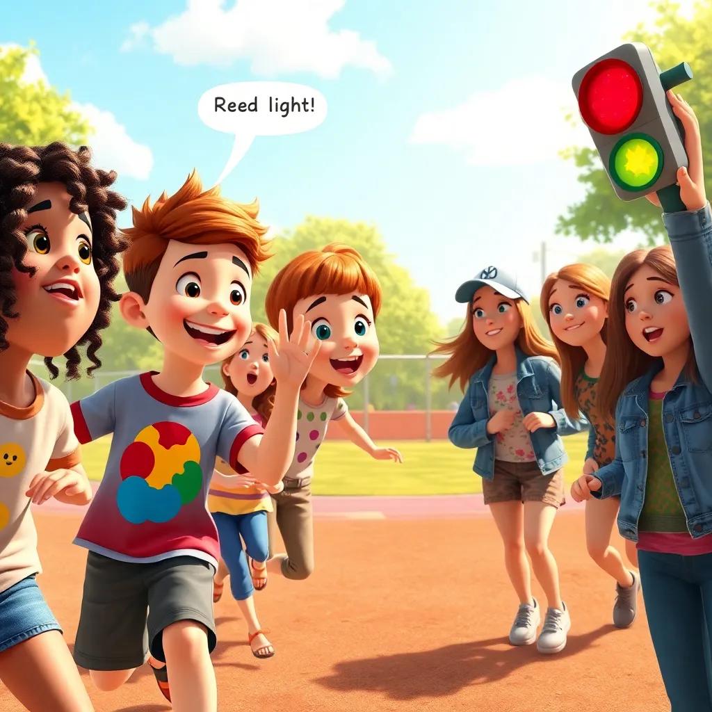 A lively playground scene during the game 'Red Light, Green Light', Katya, a girl with curly hair in a colorful t-shirt, saying 'Red light!' while Phillip, a boy with short brown hair, Lelya with braids, Mary Ann with long flowing hair, Zolly in a baseball cap, Veronica in a floral top, and Monica in a denim jacket are showing different expressions of surprise and fun, digital art, dynamic movement, sunny day, cheerful colors, playful atmosphere.