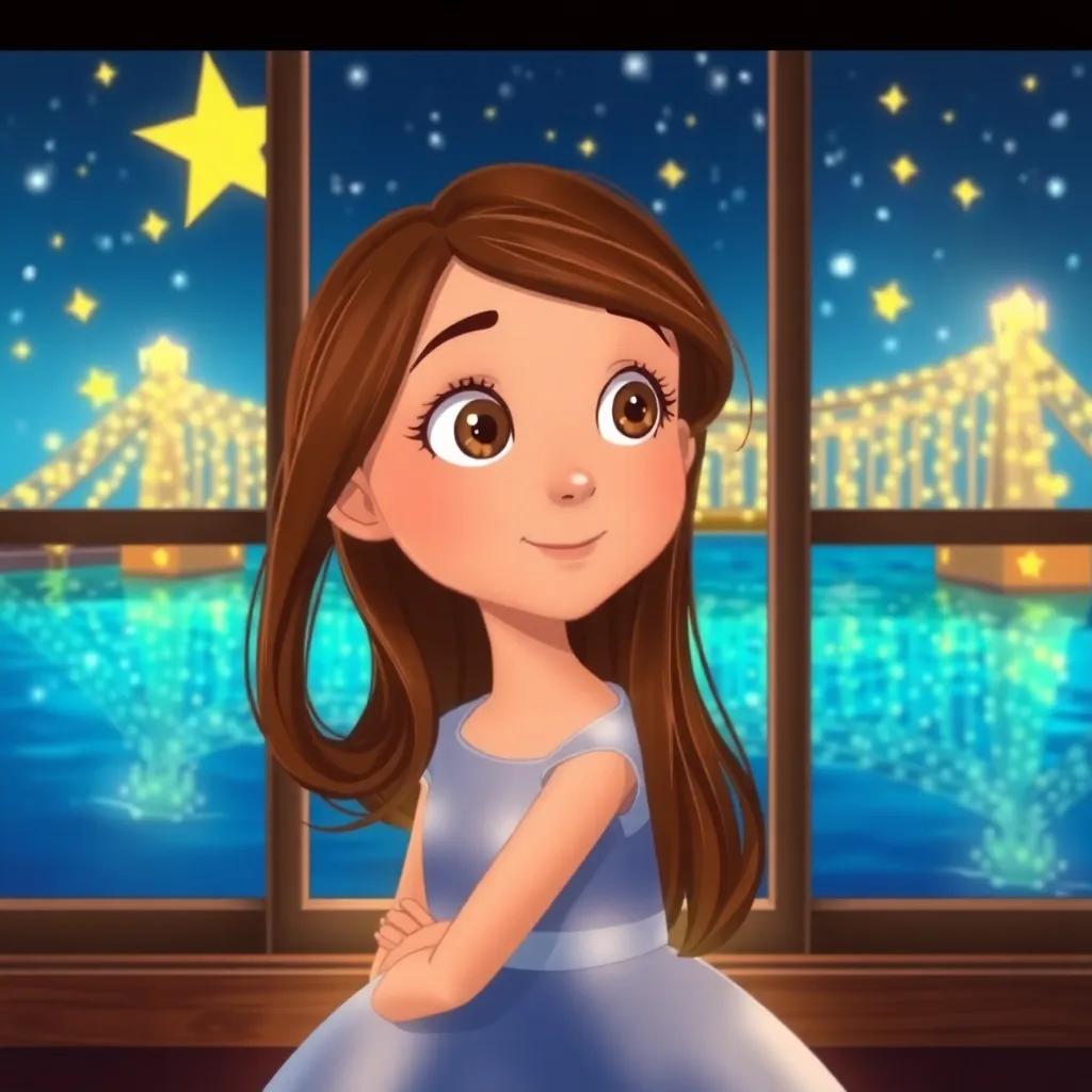 A young girl, Lila, with long brown hair in a blue dress, looking out her window at a sparkling bridge made of stars, magical and bright, whimsical art, cheerful atmosphere, high quality