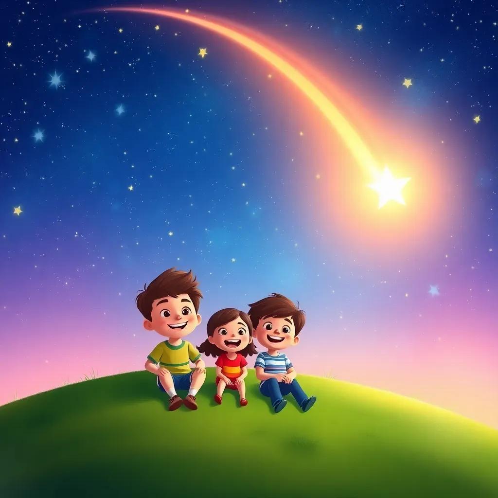 A beautiful night sky filled with shining stars and a shooting star zooming by, a group of four friends sitting on a soft green hill, joyful expressions, digital art, bright colors, magical atmosphere, high quality