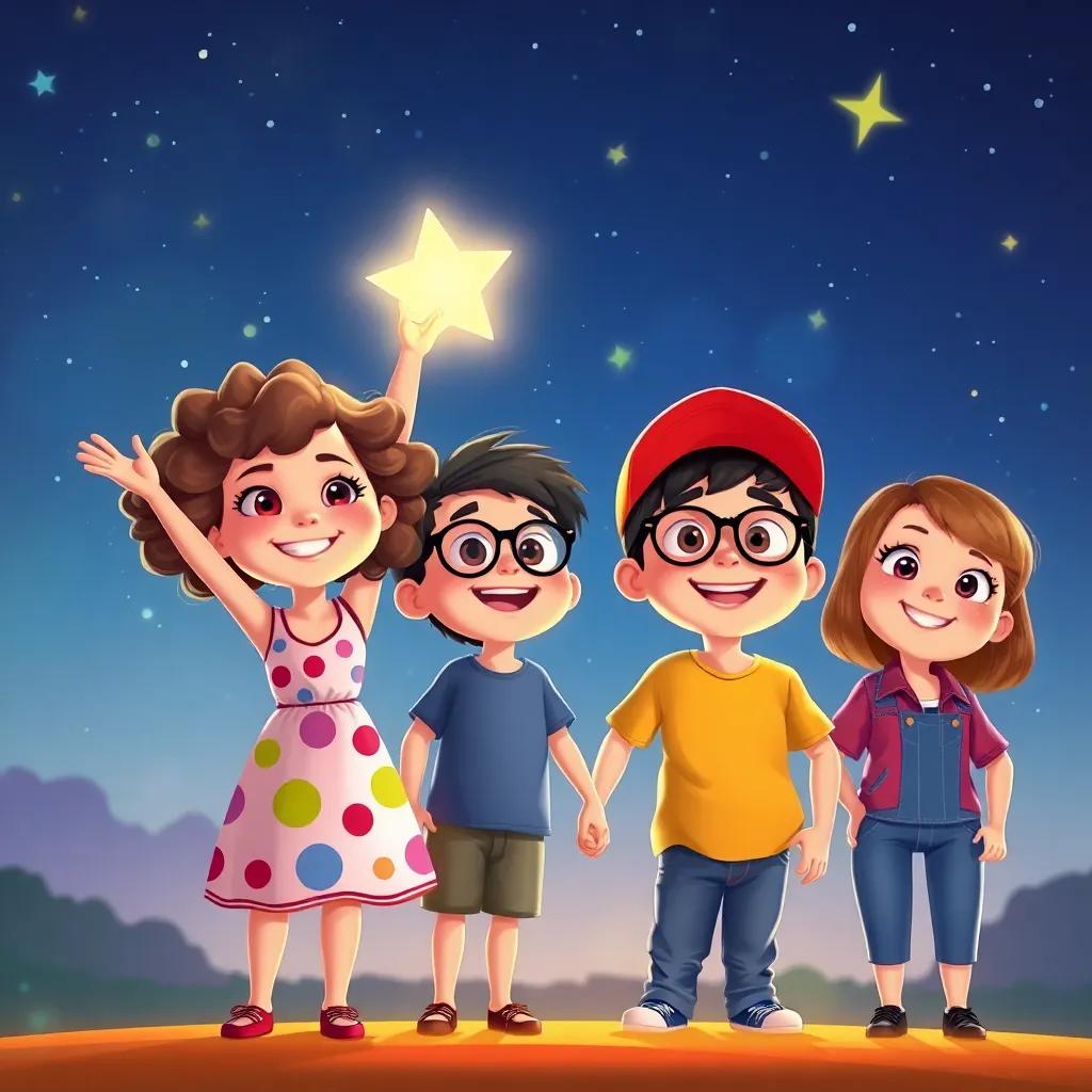Mia, a young girl with curly hair wearing a colorful dress, Sam, a boy with big glasses in a t-shirt, Leo, a boy with a red cap in jeans, and Emma, a girl with straight hair in a shirt, excitedly making a wish under the starry sky, cheerful setting, vibrant lighting