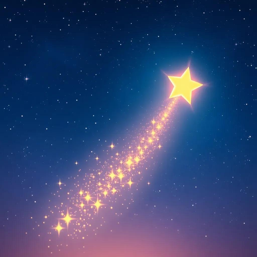 The shooting star sparkling and glowing, inviting the friends to join, shimmery trail in the sky, surrounded by twinkling stars, whimsical scene, enchanting colors, dreamy quality, high quality