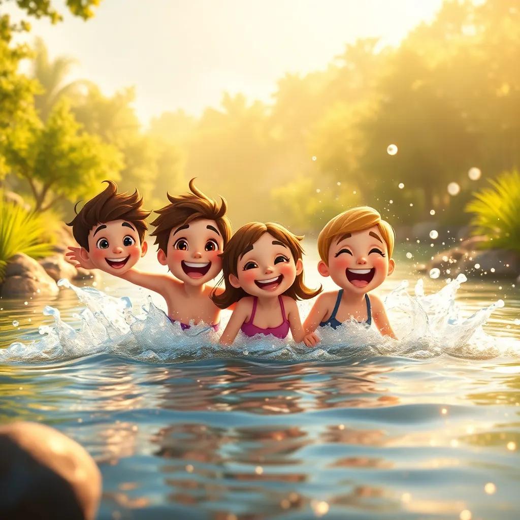 The friends splashing and playing in the singing river, happy expressions, surrounded by magical nature, golden sunlight, playful vibe, lively colors, high quality