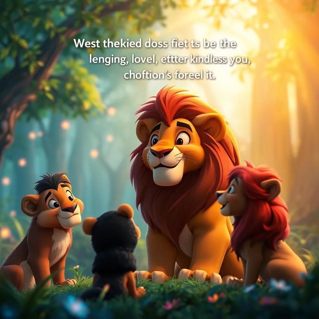 Lenny the lion sharing wisdom about kindness and friendship, the friends listening intently, vibrant forest background with glowing, magical elements, warm light, serene atmosphere, high quality