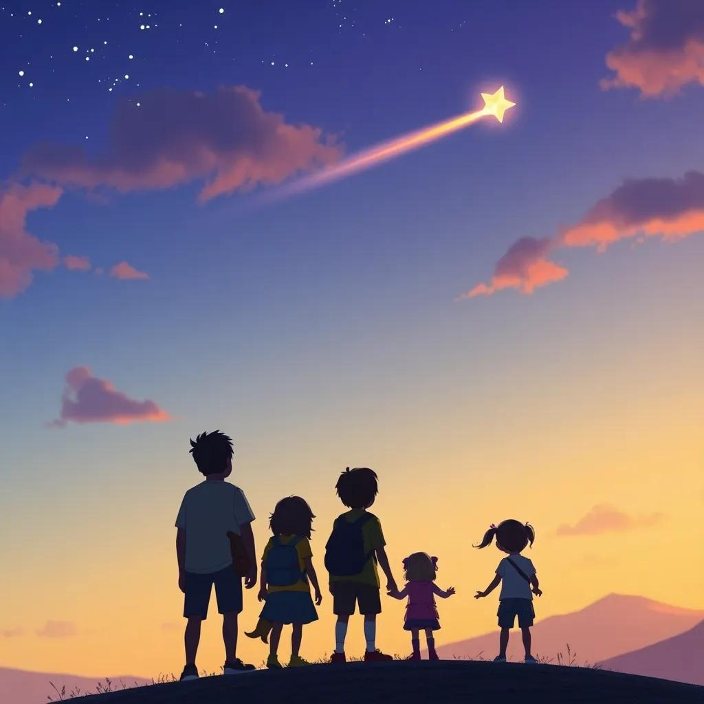 The sky turning colors as night falls, the shooting star returning to take the friends home, beautiful twilight hues, a sense of wonder in the air, magical scene, high quality
