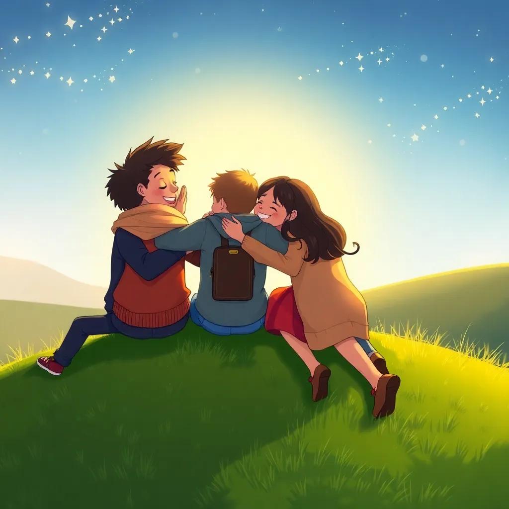 The friends back on the green hill, laughing and hugging, stars twinkling above them, warm and loving environment, joyous expressions, heartwarming scene, high quality